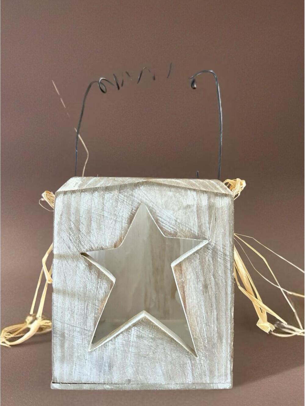 Rustic Wooden Star Lantern with Wire Handle and Raffia Bow